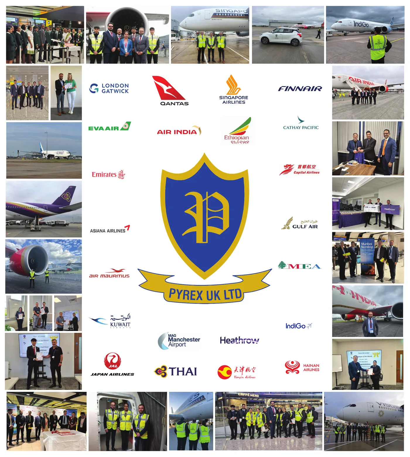 Pyrex Aviation exhibition stand artwork: the company crest surrounded by the marks of the airlines and airports it serves, framed by photographs of teams, aircraft and awards across the UK network.